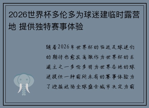 2026世界杯多伦多为球迷建临时露营地 提供独特赛事体验